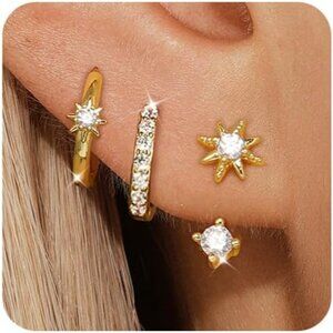 3 Pairs Gold Hoop Earrings Set for Women, 14K Small Huggie Earring for Multiple